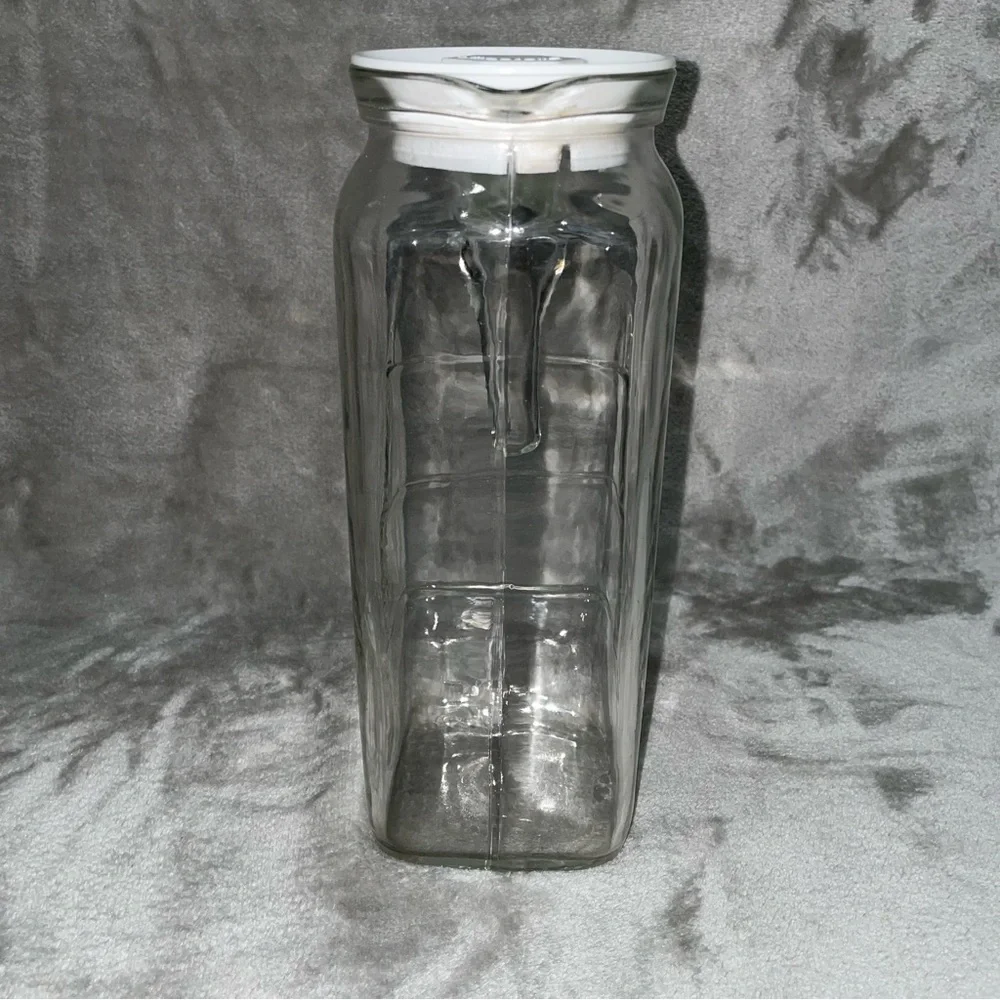 Vintage Frigorello Thick Glass Pitcher w/ White Lid Square Kitchen Décor